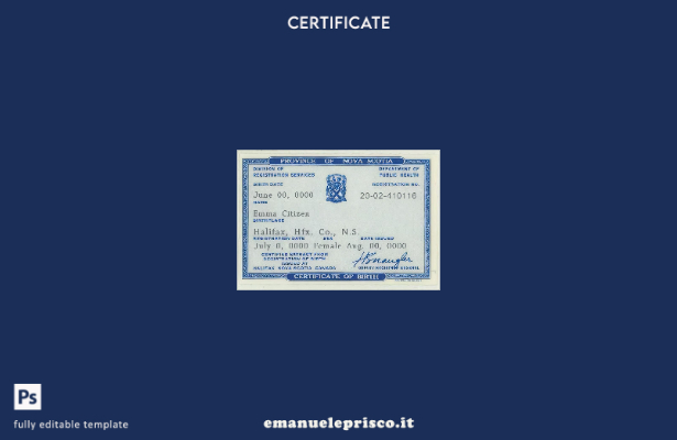 modello di certificato di nascita della provincia canadese della Nuova Scozia in